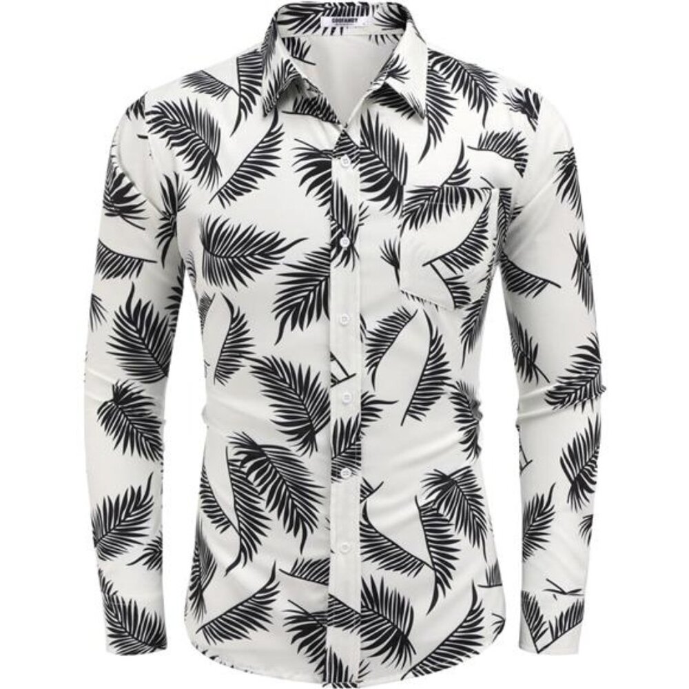 Men's Casual Button Down Shirt Long Sleeve Linen Chambray Shirt, White Printed - Picture 4 of 6